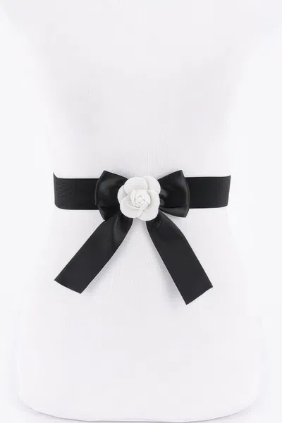 Fashnzfab Flower Satin Ribbon Elastic Belt In Black