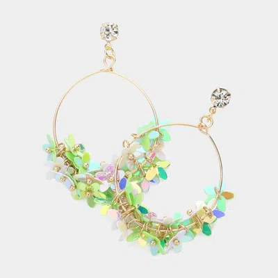 Fashnzfab Flower Sequin Beaded Open Metal Wire Dangle Earrings In Green