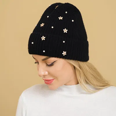 Fashnzfab Flower Stone Charm Pearl Embellished Knitted Winter Beanie Hat In Black