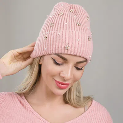 Fashnzfab Flower Stone Charm Pearl Embellished Knitted Winter Beanie Hat In Pink