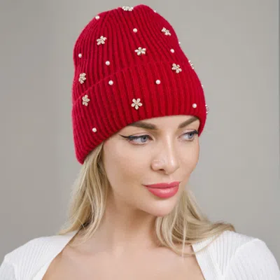 Fashnzfab Flower Stone Charm Pearl Embellished Knitted Winter Beanie Hat In Red