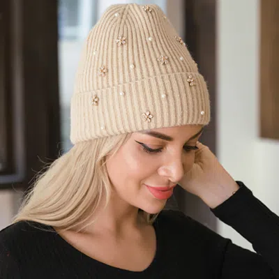 Fashnzfab Flower Stone Charm Pearl Embellished Knitted Winter Beanie Hat In Sand