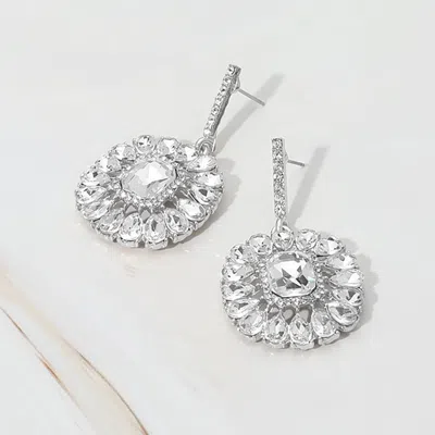 Fashnzfab Flower Stone Cluster Drop Evening Earrings - Clear, Silver
