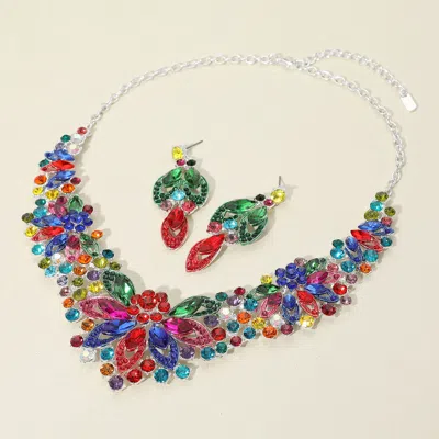 Fashnzfab Flower Stone Cluster Embellished Evening Necklace - Multi, Silver