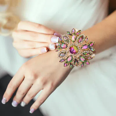 Fashnzfab Flower Stone Cluster Embellished Pearl Bracelet Cream, Gold, Multi
