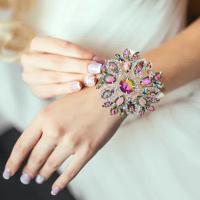 Fashnzfab Flower Stone Cluster Embellished Pearl Bracelet Multi, Silver, White