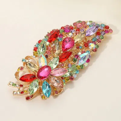 Fashnzfab Flower Stone Cluster Pointed Glass Stone Embellished Leaf Pin Brooch In Multi