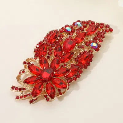 Fashnzfab Flower Stone Cluster Pointed Glass Stone Embellished Leaf Pin Brooch In Red