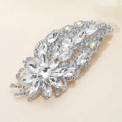 Fashnzfab Flower Stone Cluster Pointed Glass Stone Embellished Leaf Pin Brooch In Silver
