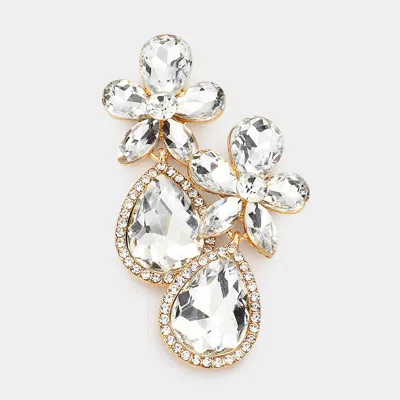 Fashnzfab Flower Stone Embellished Teardrop Stone Dangle Evening Earrings In Gold