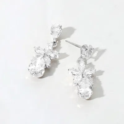 Fashnzfab Flower Teardrop Cz Stone Cluster Dangle Evening Earrings In Silver