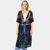 Fashnzfab Flower Vintage Lace Long Cover Up Kimono Poncho In Blue