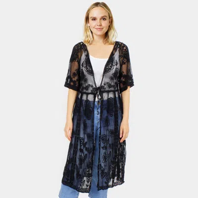 Fashnzfab Flower Vintage Lace Long Cover Up Kimono Poncho In Blue