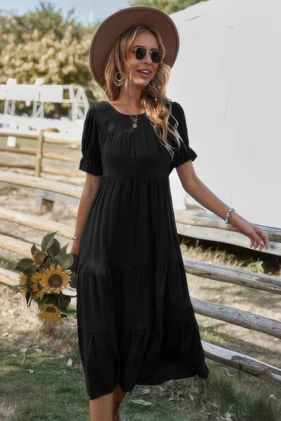 Fashnzfab Flowy Pleated Short Sleeve Solid Midi Dress In Black