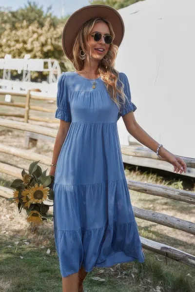Fashnzfab Flowy Pleated Short Sleeve Solid Midi Dress In Blue