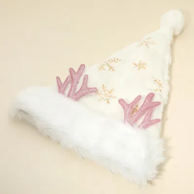 Fashnzfab Fluffy Christmas Antler Accent Sequin Snowflake Pattern Santa Hat In Gold