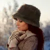 Fashnzfab Fluffy Faux Fur Adjustable Strap Winter Bucket Hat In Brown