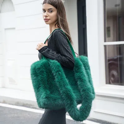 Fashnzfab Fluffy Faux Fur Oversized Tote Bag / Handbag In Green