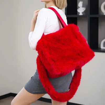 Fashnzfab Fluffy Faux Fur Oversized Tote Bag / Handbag In Red