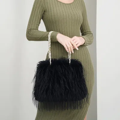 Fashnzfab Fluffy Fuzzy Faux Fur Pearl Strap Shoulder Bag In Black