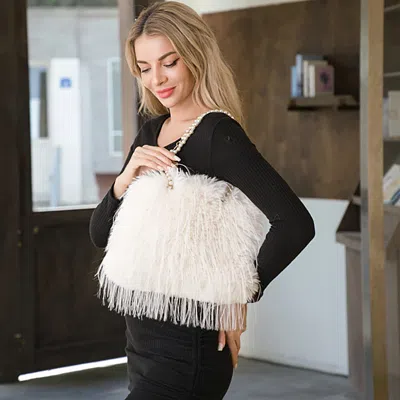 Fashnzfab Fluffy Fuzzy Faux Fur Pearl Strap Shoulder Bag In Multi