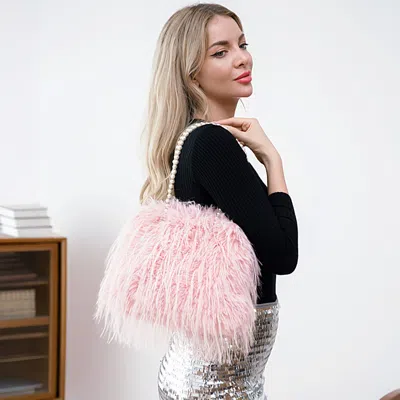 Fashnzfab Fluffy Fuzzy Faux Fur Pearl Strap Shoulder Bag In Pink