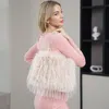 Fashnzfab Fluffy Fuzzy Faux Fur Pearl Strap Shoulder Bag In Sand