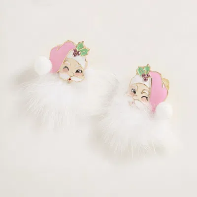 Fashnzfab Fluffy Pom Pom Santa Face Earrings - Pink