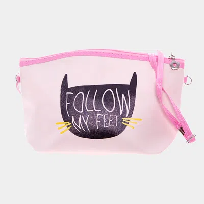 Fashnzfab Follow My Feet Cat Print Zipper Pouch Bag In Pink