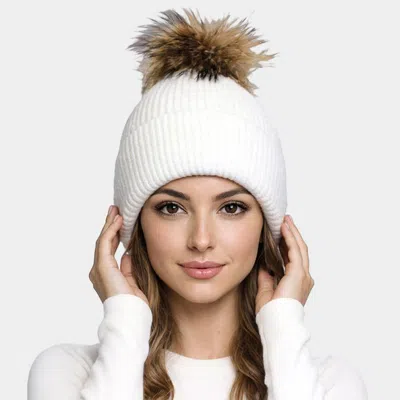 Fashnzfab Fox Fur Pom Pom Sparkly Knit Winter Beanie Hat In White