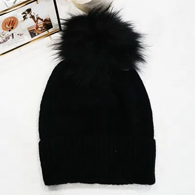 Fashnzfab Fox Fur Pom Slouchy Knit Winter Beanie Hat In Black