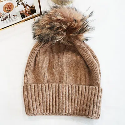Fashnzfab Fox Fur Pom Slouchy Knit Winter Beanie Hat In Brown