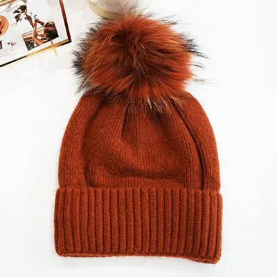 Fashnzfab Fox Fur Pom Slouchy Knit Winter Beanie Hat In Burgundy