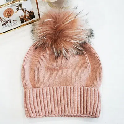 Fashnzfab Fox Fur Pom Slouchy Knit Winter Beanie Hat In Pink