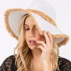Fashnzfab Frayed Band And Trip Straw Sun Hat In White