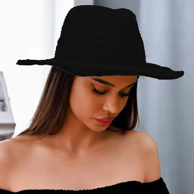 Fashnzfab Frayed Brim Woven Fedora Sun Hat In Black