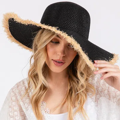 Fashnzfab Frayed Edge Floppy Straw Sun Hat In Black