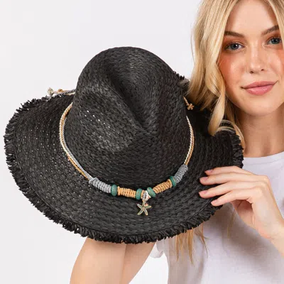 Fashnzfab Frayed Straw Sun Hat With Braided Starfish Band In Black