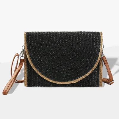 Fashnzfab Frayed Trip Two Tone Straw Clutch / Crossbody Bag In Black
