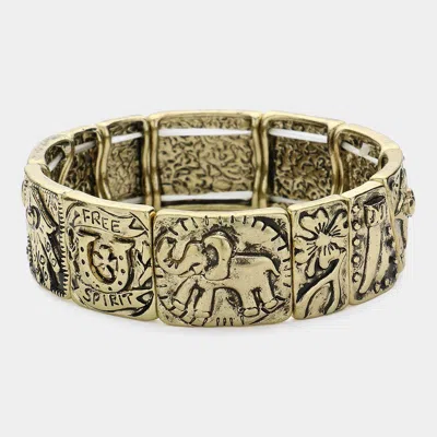 Fashnzfab Free Spirit Elephant & Evil Eye Hamsa Hand Stretch Bracelet Antique Gold In Silver