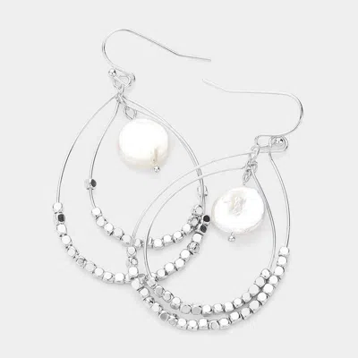 Fashnzfab Fresh Water Pearl Pointed Double Metal Teardrop Wire Dangle Earrings - Cream, Rhodium In White