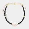 Fashnzfab Freshwater Pearl Accented Faceted Beaded Adjustable Cinch Pull Tie Bracelet Black In Black