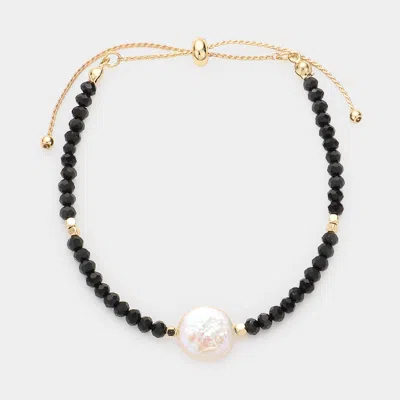 Fashnzfab Freshwater Pearl Accented Faceted Beaded Adjustable Cinch Pull Tie Bracelet Black