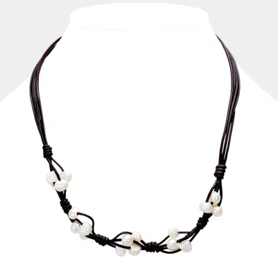 Fashnzfab Freshwater Pearl Faux Leather Necklace In Brown