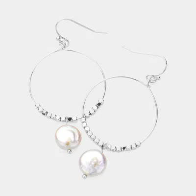 Fashnzfab Freshwater Pearl Pointed Open Circle Wire Dangle Earrings In Silver