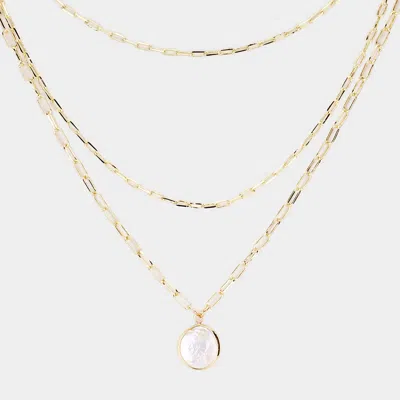Fashnzfab Freshwater Pearl Round Pendant Triple Chain Layered Necklace In Gold