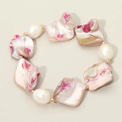 Fashnzfab Freshwater Pearl Sculpted Organic Shaped Shell Beaded Stretch Bracelet In Pink