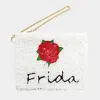 Fashnzfab Frida Beaded Rose Flower Mini Pouch Bag In White