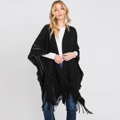 Fashnzfab Fringe Cut Out Knit Ruana Poncho In Black