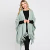 Fashnzfab Fringe Cut Out Knit Ruana Poncho In Green